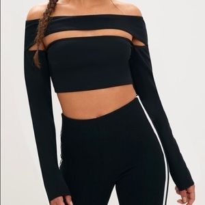 Black Cut Out Bardot Longsleeve Crop Top